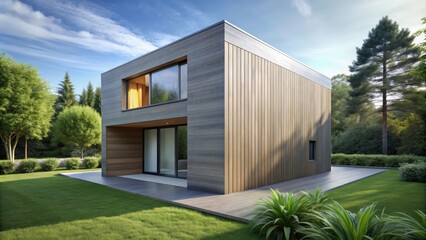 Modern gray wooden cube house with clean lines and minimalist design