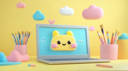 Wall Mural - A playful laptop with a cute character on the screen, surrounded by art supplies and clouds.