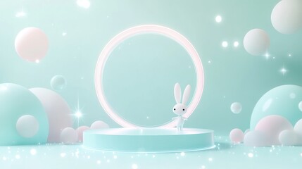 A cute rabbit character stands on a stage surrounded by pastel-colored spheres and light.