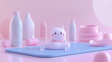 Wall Mural - A cute, pastel-themed scene featuring a plush character amidst bottles and plates.