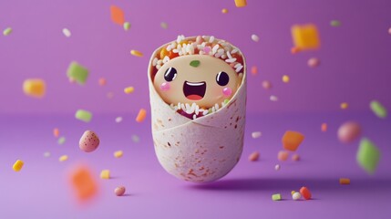 Wall Mural - A cute, animated burrito filled with rice and colorful ingredients, set against a purple background.