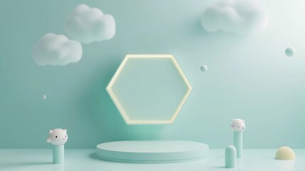 Wall Mural - A serene pastel scene featuring clouds, geometric shapes, and cute animal figures.