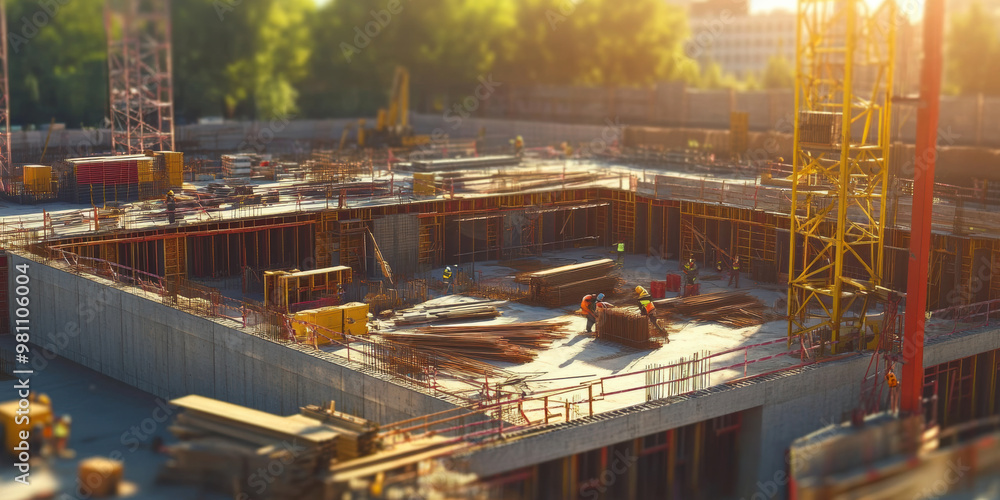 Construction site with workers engaged in various tasks, showcasing ...