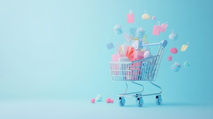 Wall Mural - A shopping cart filled with colorful items against a light blue background.