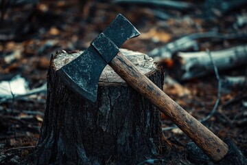 Poster - A weathered axe resting on a charred tree stump in a forest setting.