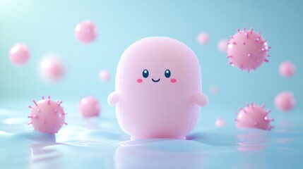 Canvas Print - A cute pink character surrounded by floating virus-like spheres in a colorful background.