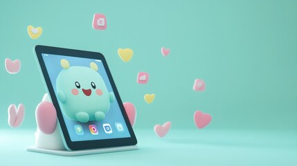 Wall Mural - A cheerful tablet displaying a cute character, surrounded by colorful hearts.