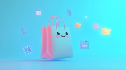 Poster - A cheerful shopping bag surrounded by colorful icons representing various products.