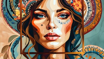 Wall Mural - Boho-Inspired Abstract Face Illustration for Unique Wall Frame Decor