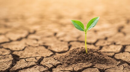 Wall Mural - Young plant growing in cracked dry soil.