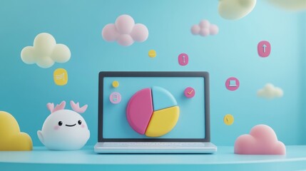 Canvas Print - A playful scene featuring a laptop with a pie chart and cute cloud characters.