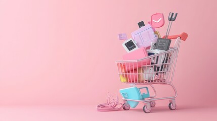 Wall Mural - A shopping cart filled with various colorful gadgets and items against a pink background.