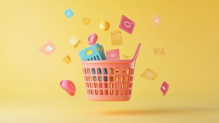 Wall Mural - A colorful shopping basket with various icons floating above it, symbolizing online shopping.