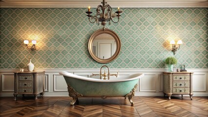 Vintage bathroom interior with classic clawfoot bathtub, retro wallpaper, antique mirror, and ornate fixtures