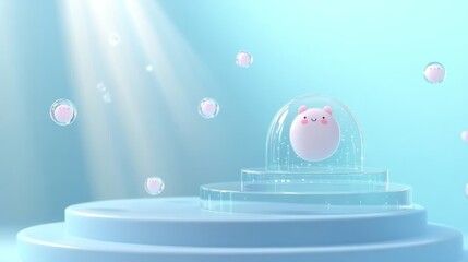 Wall Mural - A cute, animated character encased in a dome, surrounded by bubbles in a serene setting.