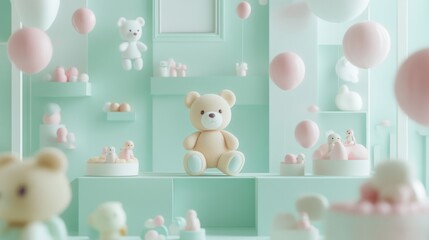 Wall Mural - A whimsical scene featuring pastel-colored teddy bears and balloons in a playful setting.