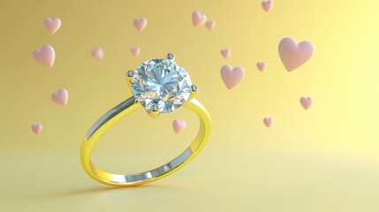 Sticker - A sparkling diamond engagement ring with floating hearts in a romantic setting.