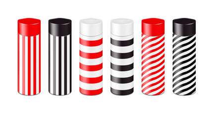 Wall Mural - Blank tall two-piece tube gift box with round lid. White, black, red striped design. Realistic 3d vector mock-up. Cardboard tubular cylinder box packaging. Mockup. Easy editable template