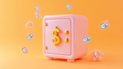 Wall Mural - A pink safe with a dollar sign, surrounded by floating money, symbolizing savings and wealth.