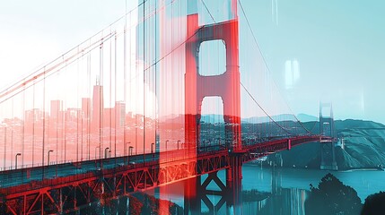 A stylized image of the Golden Gate Bridge with a vibrant color overlay, showcasing urban landscapes.