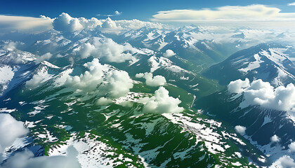 Sticker - Aerial view of green and snow-covered mountains