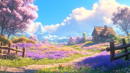 A serene rural view of vibrant lavender fields in full bloom
