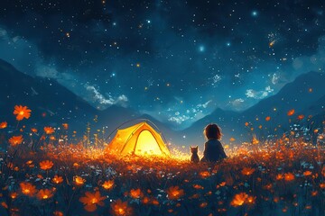 cozy camping scene under a starfilled sky a child and cat sit by a glowing tent surrounded by wildflowers warm light contrasts with the deep blue night creating a magical atmosphere