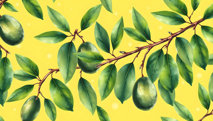 Avocado twigs and leaves. Watercolor seamless pattern on yellow background isolated with white highlights, png