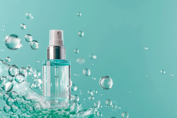 A refreshing body care product in vibrant aqua setting, surrounded by bubbles