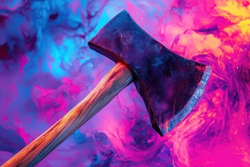 Poster - An Axe With A Wooden Handle Against A Background Of Blue And Pink Swirls