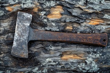 Rusty Hand Axe Resting on Weathered Wood