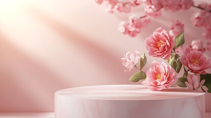 Canvas Print - Empty marble podium with pink flowers and light.