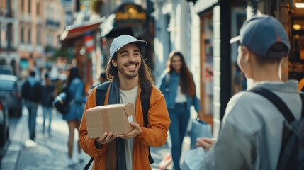 A delivery person in uniform handing over a package to a smiling customer in a bustling urban street.