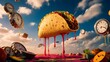 © Mx - A dreamlike scene of a giant taco floating in the sky, with melting clocks and surreal objects scattered around