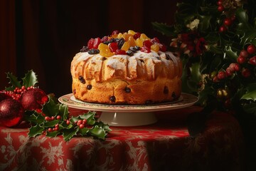 a golden-brown panettone cake with a crumbly, sweet bread crust, topped with candied fruits and raisins, placed on a festive holiday tablecloth