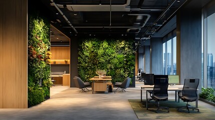 Modern office space featuring greenery, collaborative areas, and large windows for natural light.