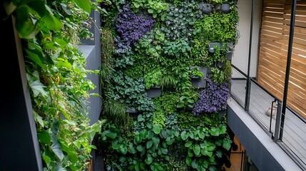 Wall Mural - A vertical garden featuring lush green plants and vibrant purple foliage, enhancing indoor aesthetics and air quality.