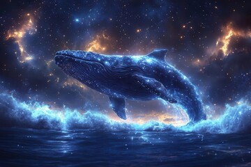 dreamlike scene of colossal whale breaching starry night ocean bioluminescent details surreal scale ethereal atmosphere fantasy landscape