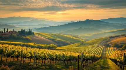 Canvas Print - The peaceful vineyards of Tuscany, Italy, stretching across rolling hills.