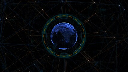 Wall Mural - motion graphic of blue digital earth sphere with circle futuristic hud elements and orange line conn