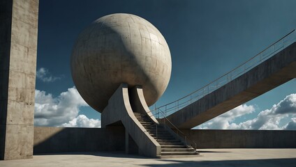 Abstract architectural structure with sky, stairs, and a sphere.