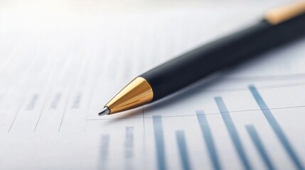 A financial report featuring a pen, charts, and graphs on paper, illustrating data related to market growth and investment trends