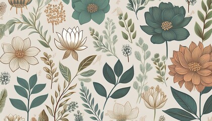 Seamless pattern background featuring a collection of vintage botanical illustrations with flowers and leaves in muted colors