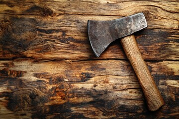 Sticker - Rusty Axe on Weathered Wooden Background