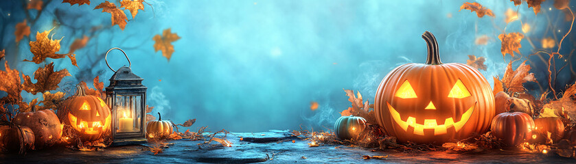 Wall Mural - a halloween scene with pumpkins and lanterns. the pumpkins are lit up and the lanterns are lit as we
