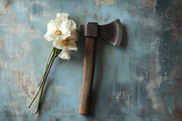 Canvas Print - White Flowers and a Rustic Axe on a Blue Distressed Wooden Background