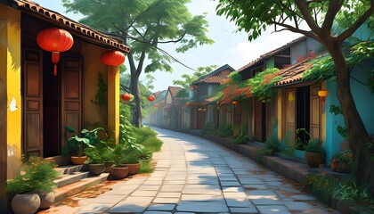 Wall Mural - charming vintage streets of an old Vietnamese city captured in vibrant generative AI illustration