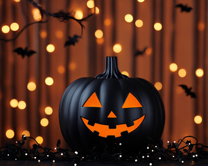 A black pumpkin with a smiley face on it sits on a table. The pumpkin is surrounded by black strings and lights, giving it a spooky and festive atmosphere