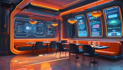 Wall Mural - Futuristic Restaurant Experience Featuring Holographic Displays and Smart Panel Interfaces for Interactive Dining