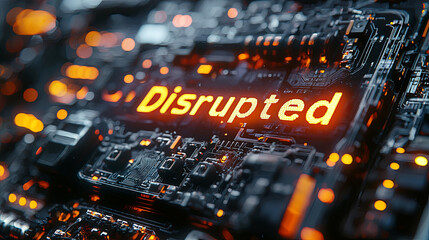 Wall Mural - High-tech circuit board with disrupted message in orange glow